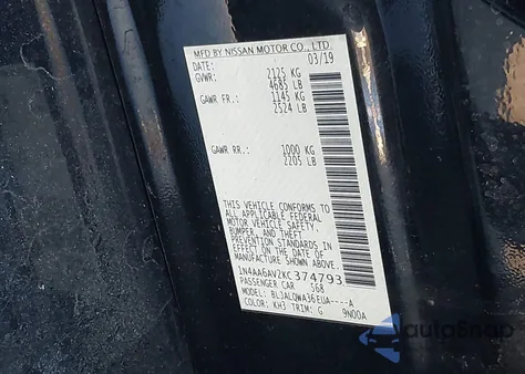 2019 Nissan Maxima 3.5 S z USA, uszkodzony, nr VIN 1N4AA6AV2KC374793